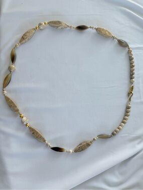 Neutral Stone and Bead Necklace - Natural Beige and Gold Accents